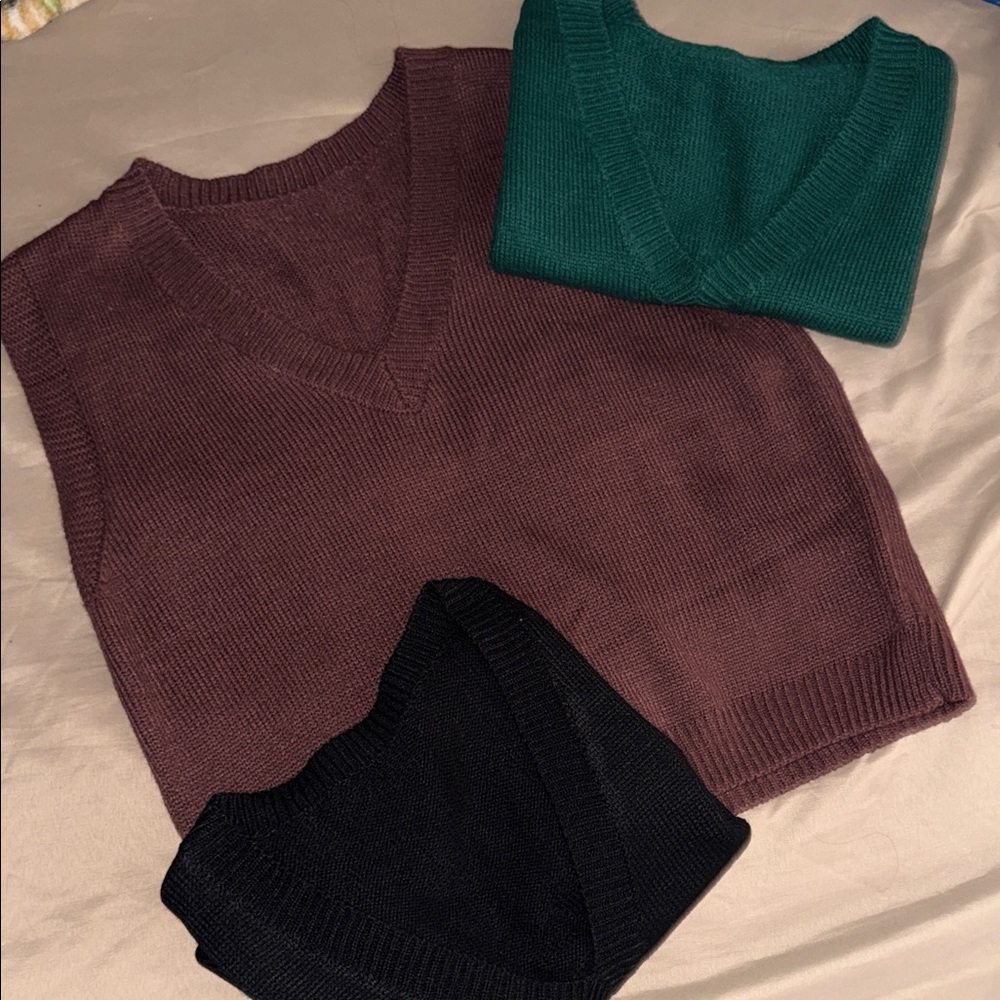 NWOT set of 3- V-Neck Sweater Vests in Burgundy, Black, and Green